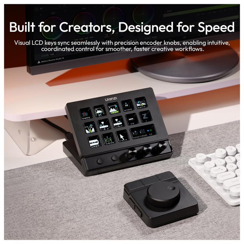 ULANZI D200X Creative Deck - Teclado macro con 14 teclas LCD, 3 perillas de codificador y concentrador 8 en 1 para edición de video