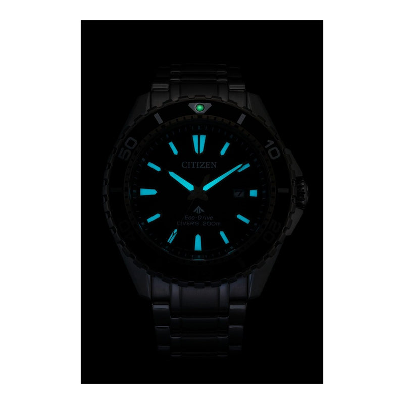 Citizen Eco-Dive Promaster Dive, reloj de pulsera de acero inoxidable plateado para hombre con esfera verde, 3 manecillas y calendario
