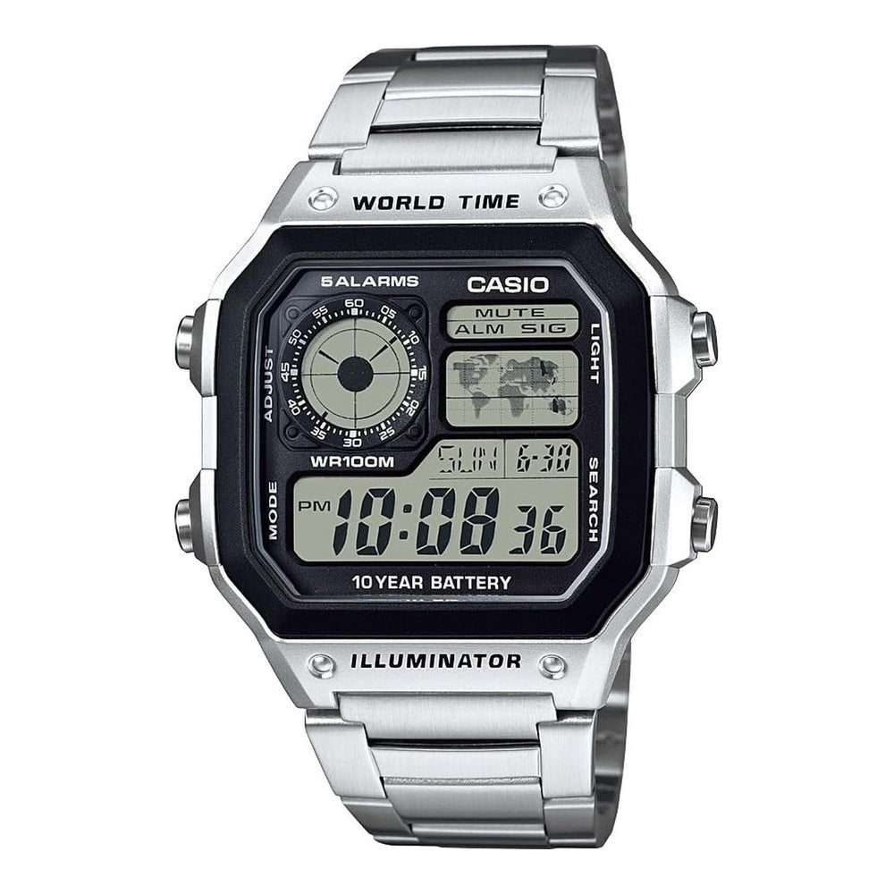 Reloj digital para hombre Casio Serie AE1200WH, resistente al agua, alarmas múltiples, cronómetro, temporizador y luz LED