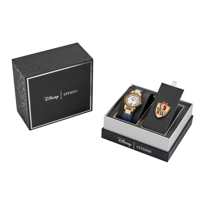 Citizen Eco-Drive Disney Princess, caja de acero oro con correa de cuero azul y juego de regalo de alfiler, modelo GA1079-41W