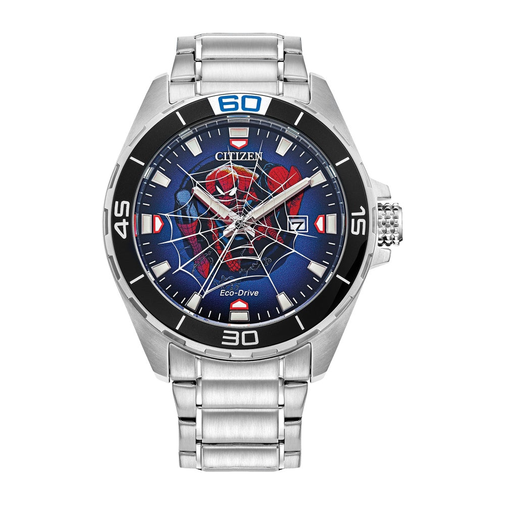 Citizen Reloj Eco-Drive Spider Man para hombre, diseño en acero inoxidable y arte de Spider Man, modelo BM7610-52W