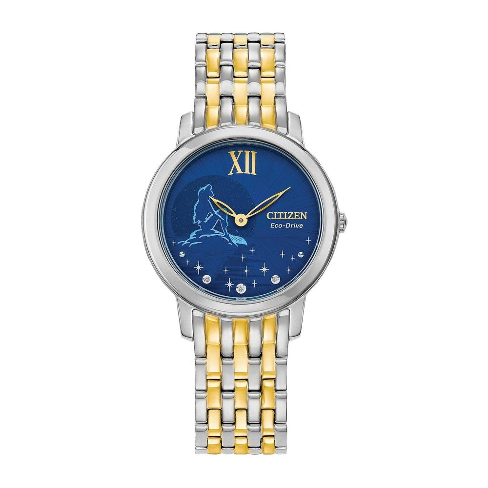 Citizen Eco-Drive Disney Princess Ariel Reloj con diamantes tono dorado, esfera azul de cristal de zafiro, modelo EX1499-50W