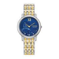 Citizen Eco-Drive Disney Princess Ariel Reloj con diamantes tono dorado, esfera azul de cristal de zafiro, modelo EX1499-50W