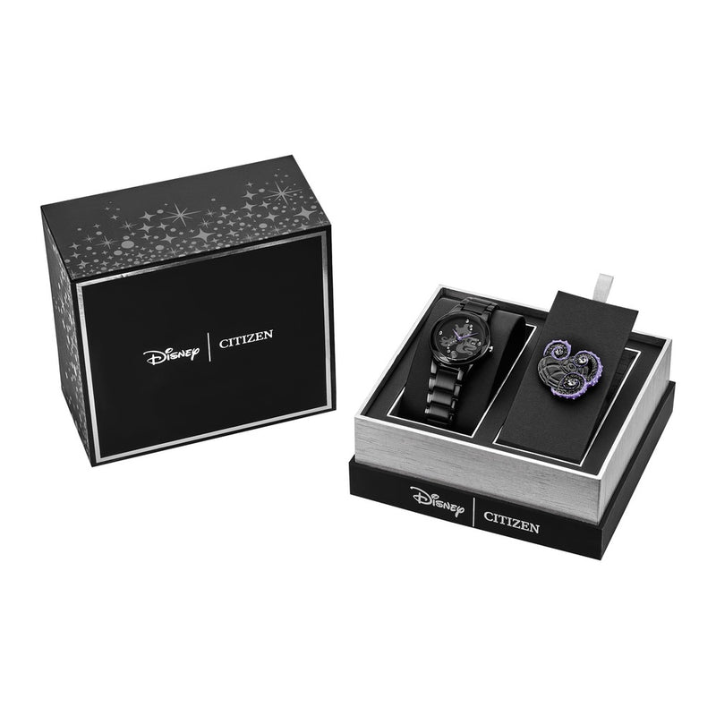 Citizen Eco-Drive Disney Villian Ursula Crystal reloj y pin set de regalo negro iones, esfera negra