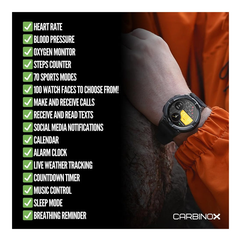 CARBINOX X-Ranger Smart Watch con llamadas, rastreador fitness resistente al agua IP69K, compatible Android e iOS, pantalla AMOLED
