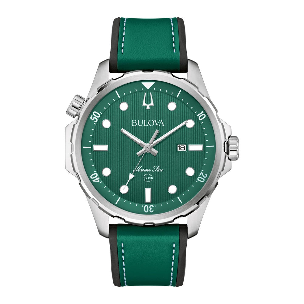 Bulova Reloj Marine Star de cuarzo plateado de acero inoxidable para hombre, correa de cuero y silicona, resistente al agua