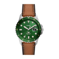 Reloj de pulsera Fossil para hombre, diseño acero inoxidable con correa de cuero marrón y resistencia al agua