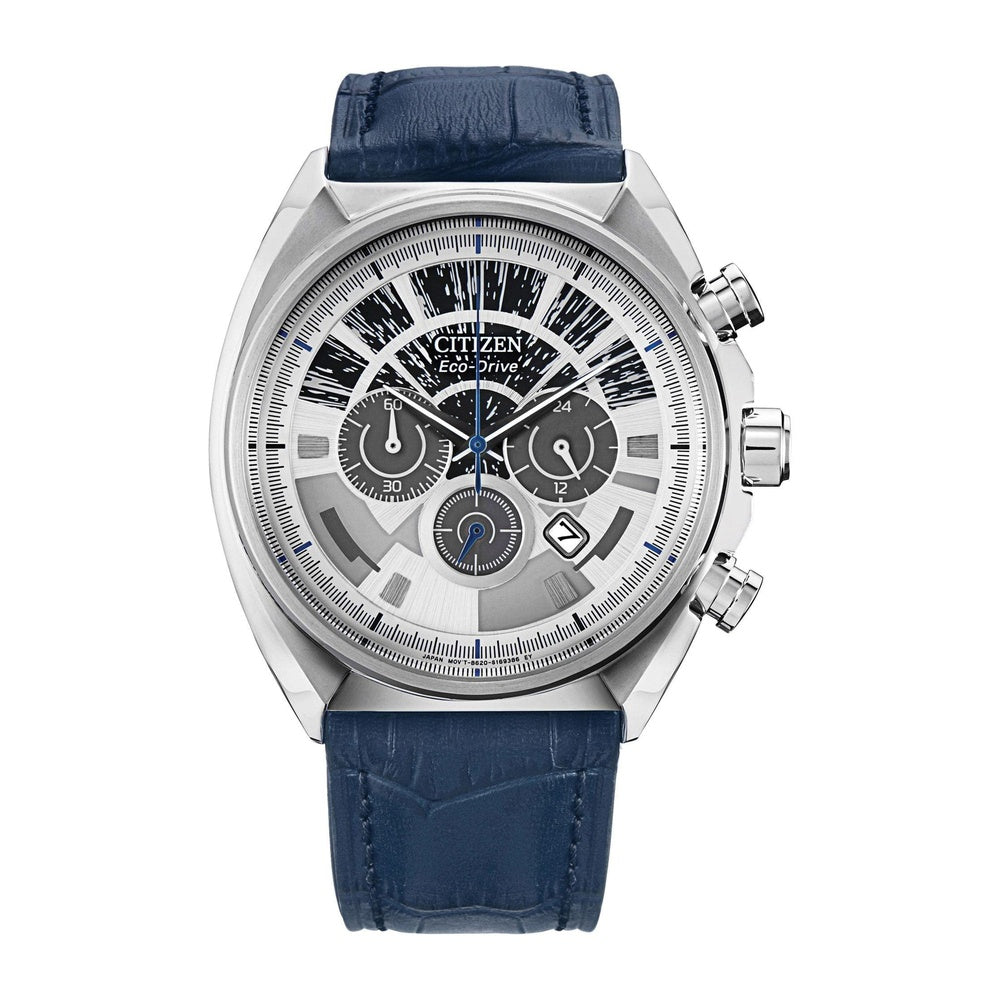 Citizen Eco-Drive Star Wars Millennium Falcon para hombre, cronógrafo acero inoxidable, correa piel azul, luminiscente