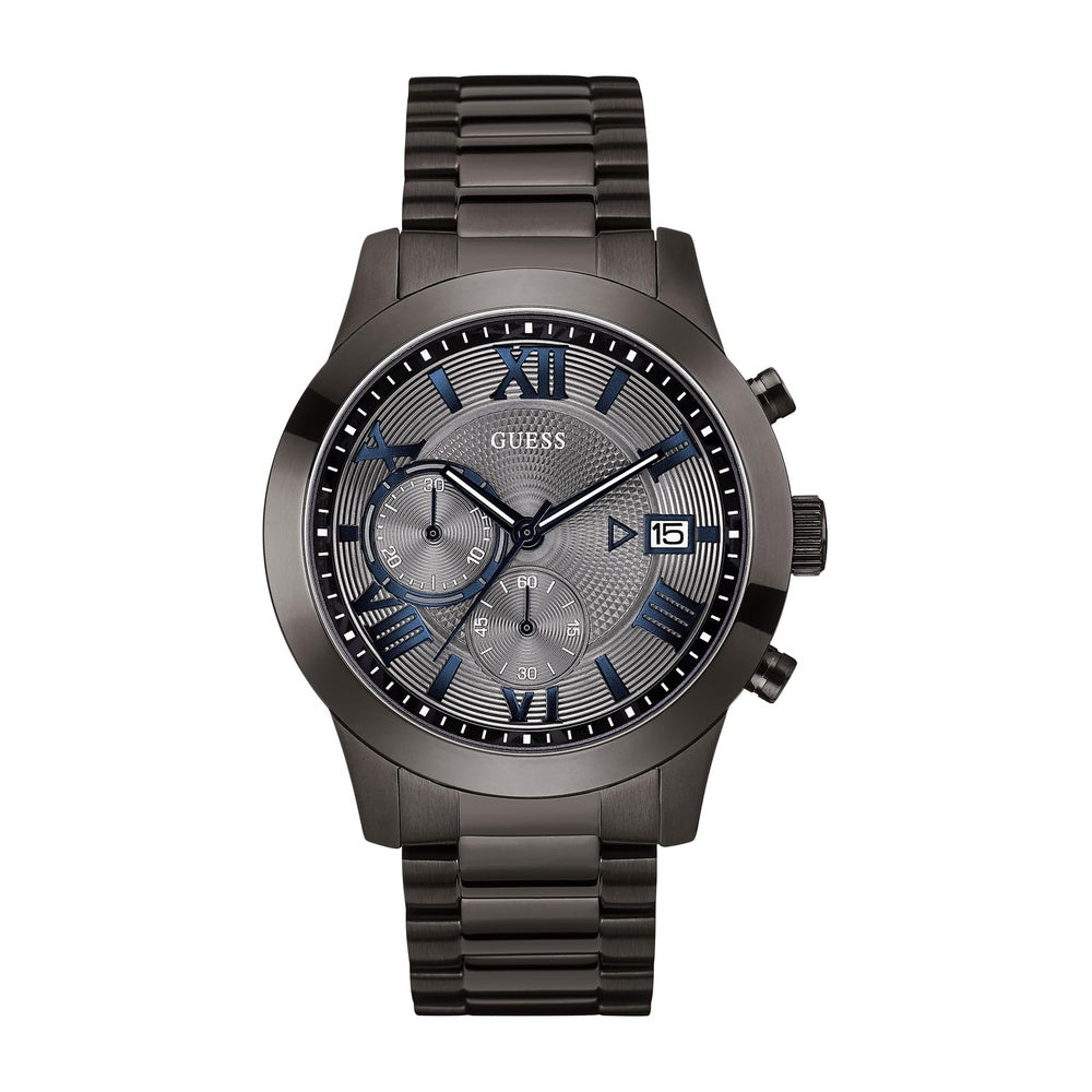 Reloj cronógrafo GUESS de acero inoxidable, resistente al agua, con cronógrafo, dial gris y correa de acero inoxidable