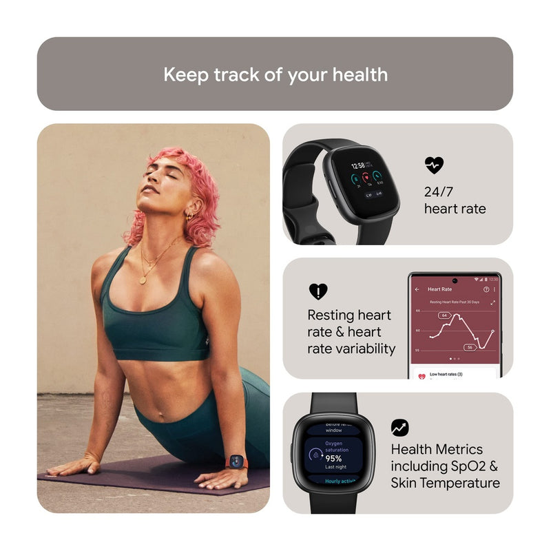Fitbit Versa 4 Fitness - Reloj Inteligente con Preparación Diaria, GPS, Frecuencia Cardíaca 24/7 y Más, Negro/Grafito, Talla Única