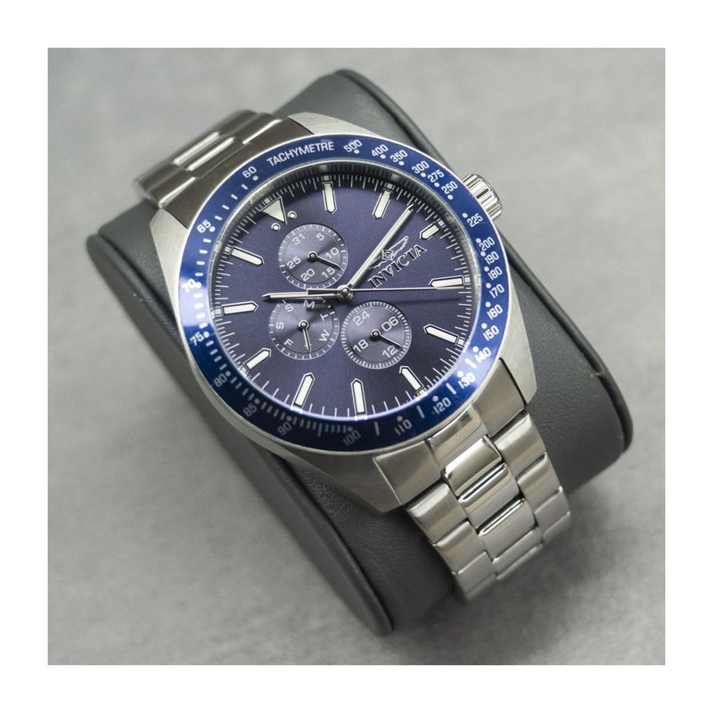 Reloj Invicta Aviator para hombres en acero inoxidable plata con esfera azul, movimiento de cuarzo y hebilla de espiga