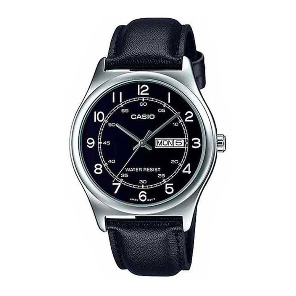 Reloj de vestir analógico Casio para hombre, correa de cuero negra, con números negros y funciones de día y fecha