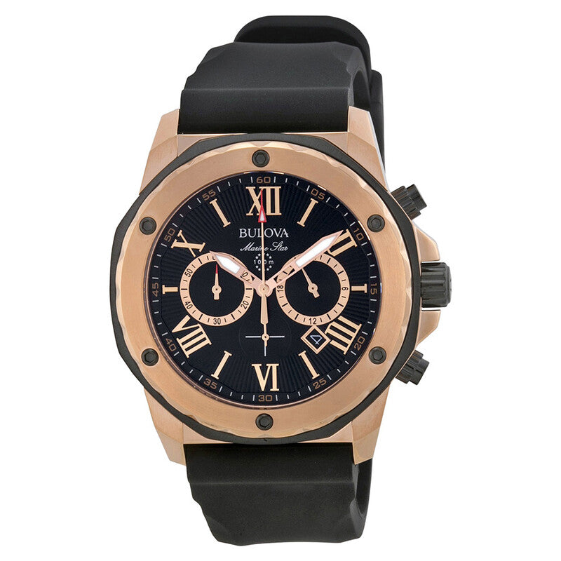 Bulova Marine Star-98B104-Me<wbr/>n Black Rubber Strap Quartz Watch Rose Gold Dial44mm