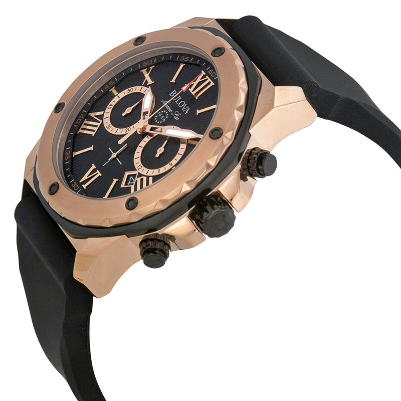 Bulova Marine Star-98B104-Me<wbr/>n Black Rubber Strap Quartz Watch Rose Gold Dial44mm