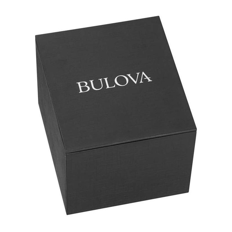 Bulova reloj de cuarzo de acero inoxidable y piel negra, diseño elegante con caja azul y funciones de calendario
