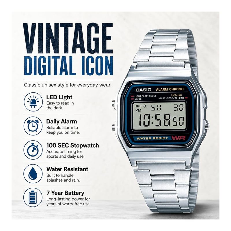 Casio Serie A158WA Reloj digital unisex Vintage con cronómetro alarma diaria WR y luz LED batería de 7 años