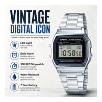 Casio Serie A158WA Reloj digital unisex Vintage con cronómetro alarma diaria WR y luz LED batería de 7 años
