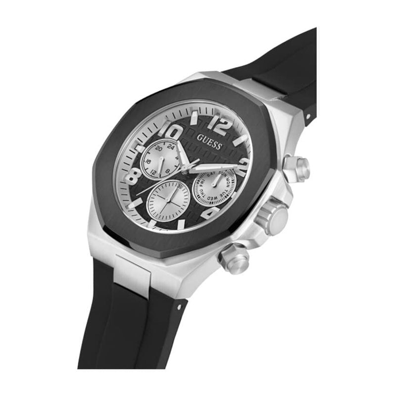 GUESS Reloj de pulsera para hombre, caja de acero inoxidable resistente al agua, banda de silicona, movimiento de cuarzo exacto