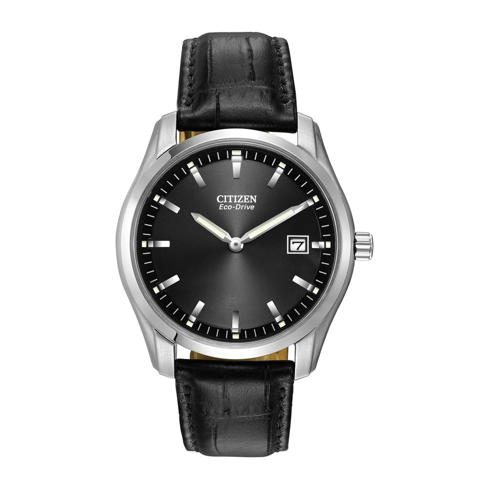 Reloj Citizen Eco-Drive para hombre, correa de cuero negro, caja de acero inoxidable, manos y marcadores luminosos, calendario, resistente al agua