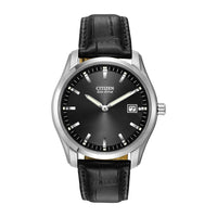 Reloj Citizen Eco-Drive para hombre, correa de cuero negro, caja de acero inoxidable, manos y marcadores luminosos, calendario, resistente al agua