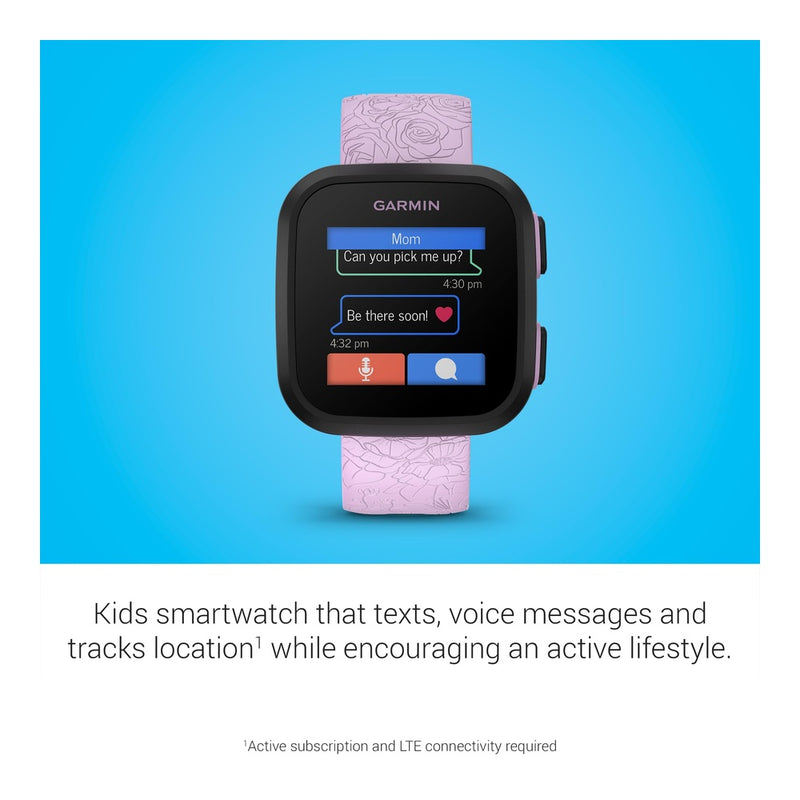 Reloj inteligente Garmin Bounce para niños con texto bidireccional, mensajes de voz y seguimiento de ubicación, lila floral