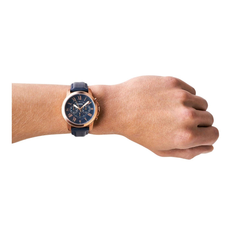 Reloj cronógrafo Fossil Grant para hombre, con correa de cuero azul y esfera de acero inoxidable resistente al agua hasta 165 pies