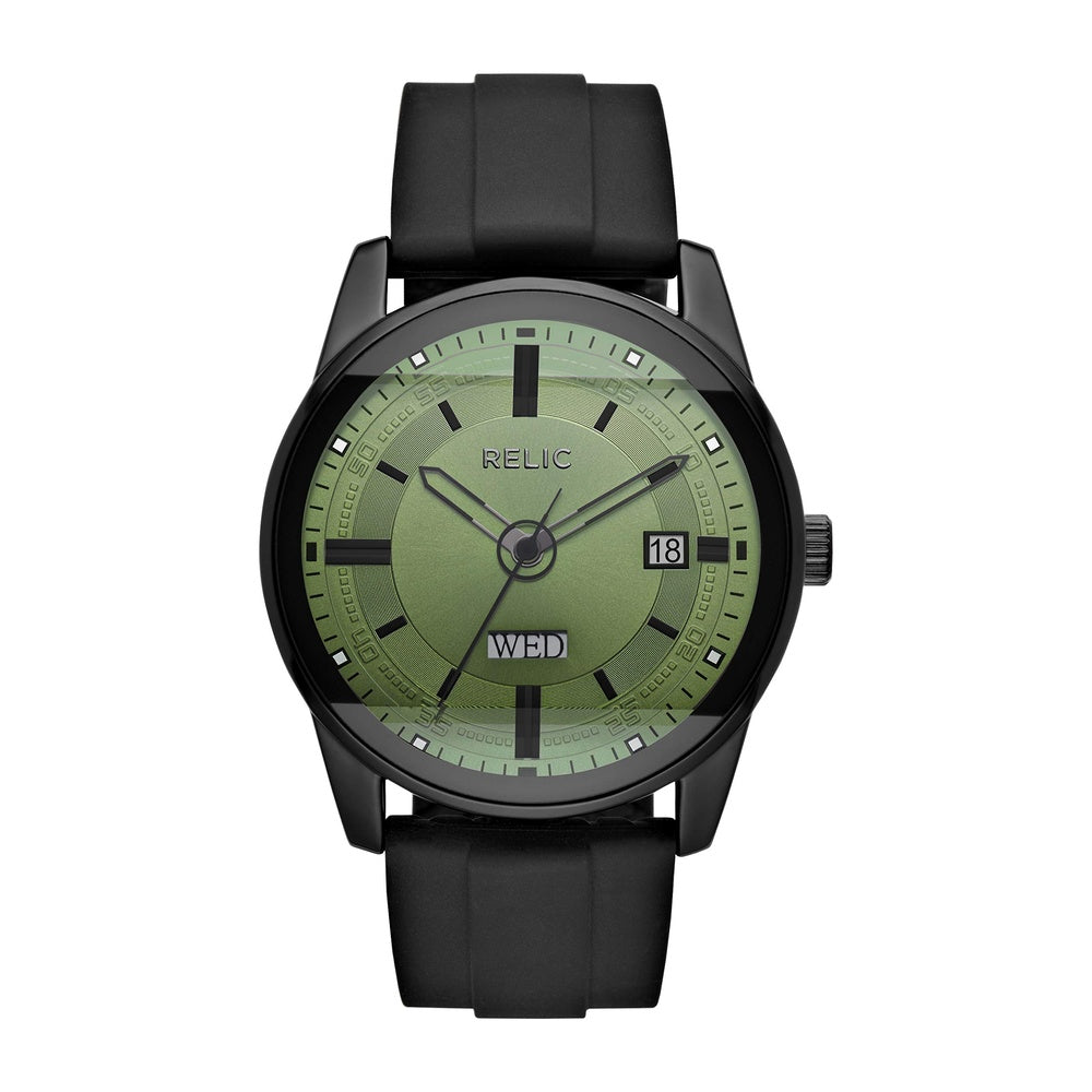 Reloj analógico de silicona negra con esfera verde, resistente al agua, funciones de día y fecha, estilo moderno