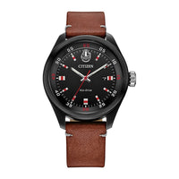 Citizen Eco-Drive Star Wars Chewbacca, correa de acero inoxidable negro sobre cuero marrón, movimiento de 3 manecillas