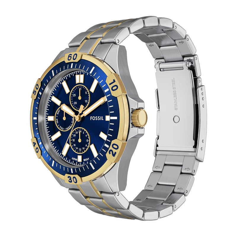 Reloj Fossil Garrett multifuncional de acero inoxidable en dos tonos con estilo deportivo y profundidad resistente al agua