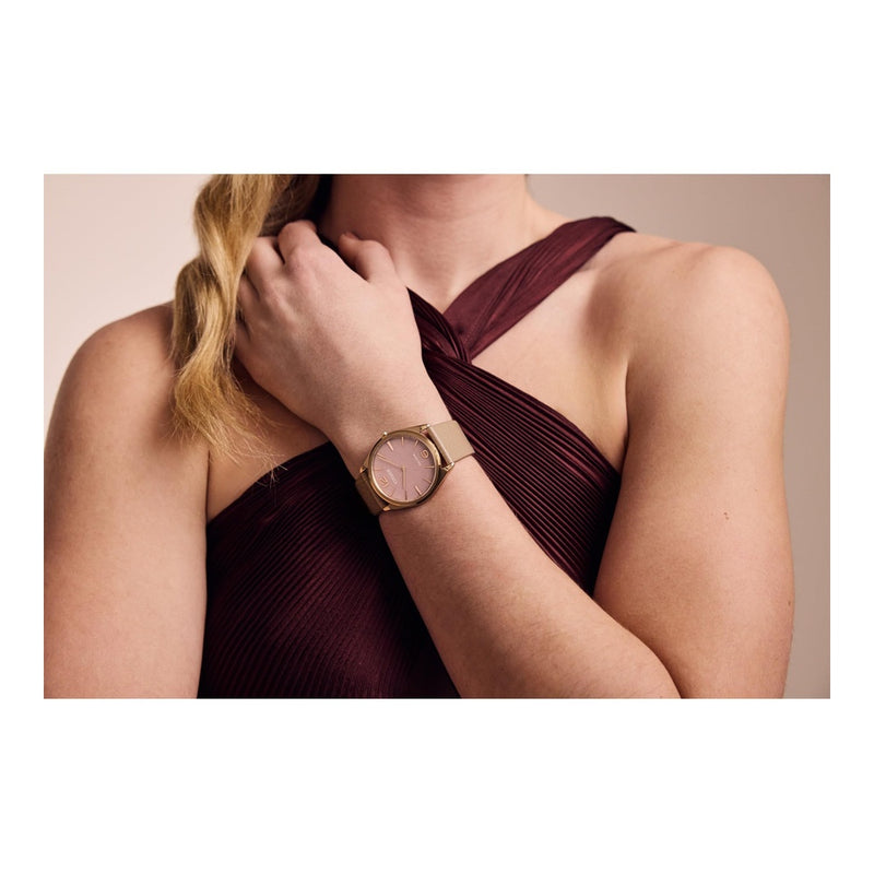 Citizen Reloj ecológico unisex Eco-Drive Dress Classic, correa de cuero beige, esfera rosa, 2 manecillas, modelo AR3123-00X