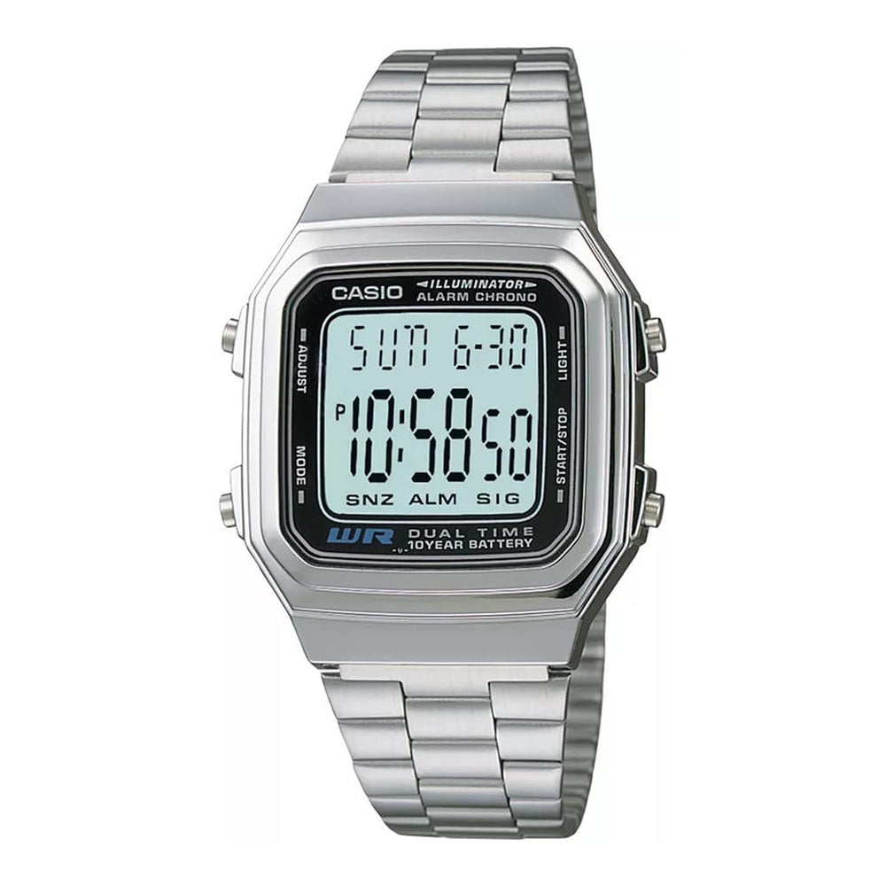Reloj digital Casio A178W-1A plateado con alarma y cronógrafo para hombre, incluye luz LED y calendario automático