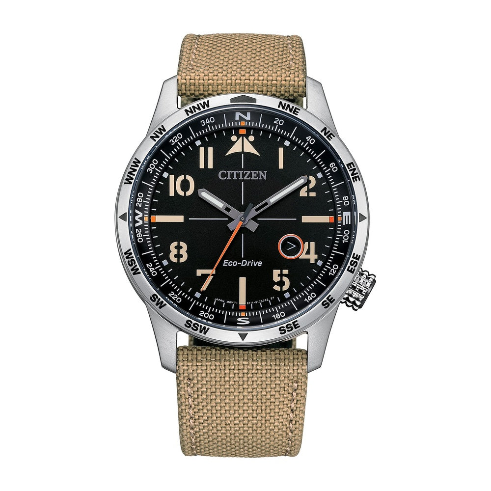 Citizen Reloj Eco-Drive Weekender Avion Field para hombre en acero inoxidable con correa de nailon caqui, esfera negra
