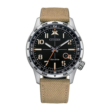 Citizen Reloj Eco-Drive Weekender Avion Field para hombre en acero inoxidable con correa de nailon caqui, esfera negra