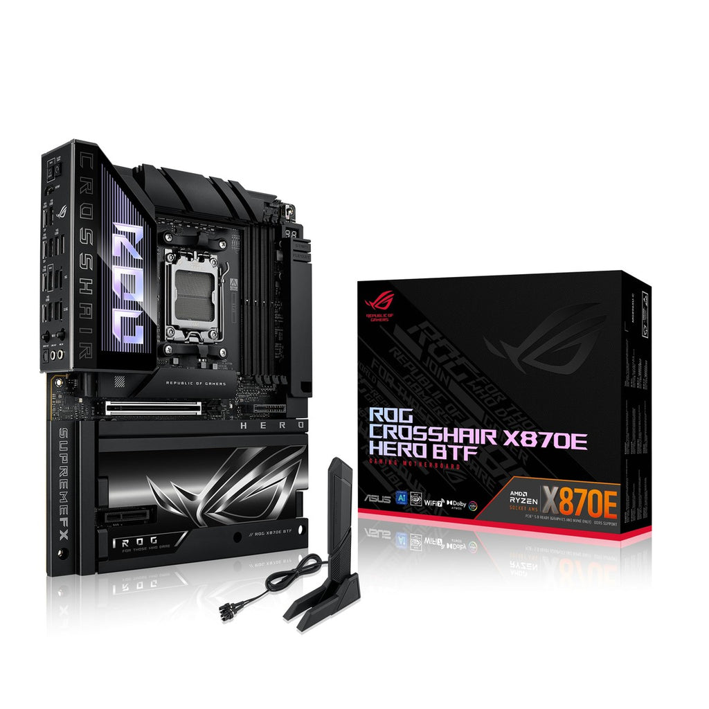 Placa base ROG Crosshair X870E Hero BTF AMD ATX, diseño conector oculto, ranura GPU alta potencia, DDR5, WiFi 7, PCIe 5.0, USB4