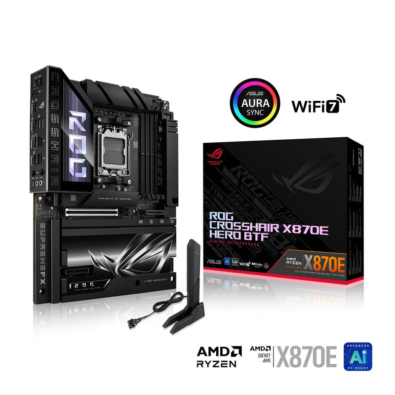 Placa base ROG Crosshair X870E Hero BTF AMD ATX, diseño conector oculto, ranura GPU alta potencia, DDR5, WiFi 7, PCIe 5.0, USB4