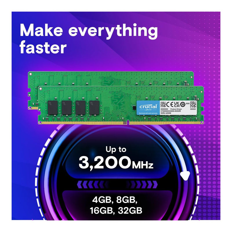 Crucial RAM DDR4 32GB, 3200MHz, UDIMM, compatible con Intel y AMD Ryzen, reduce a 2933/2666MHz