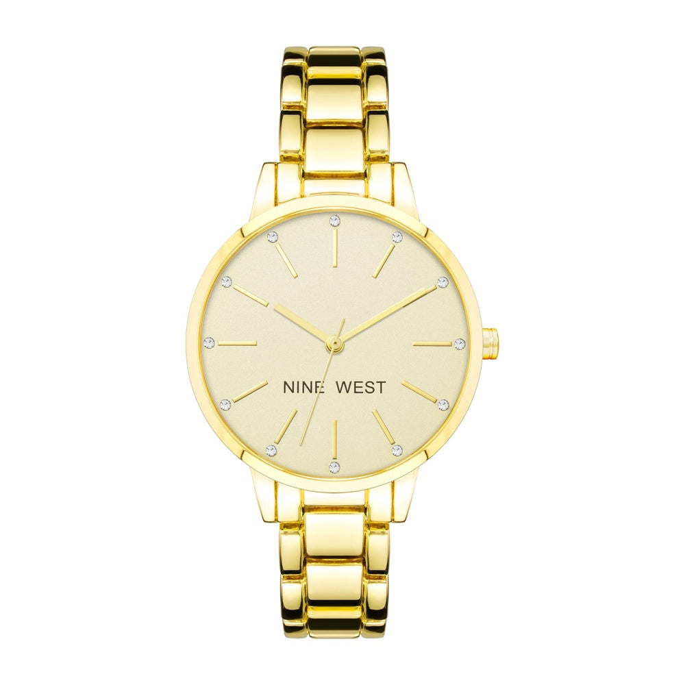 Nine West Reloj de pulsera con detalles de cristal para mujer, resistente al agua, diseño elegante, caja de 3.6 cm, banda de oro de 7 pulgadas.