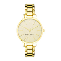 Nine West Reloj de pulsera con detalles de cristal para mujer, resistente al agua, diseño elegante, caja de 3.6 cm, banda de oro de 7 pulgadas.