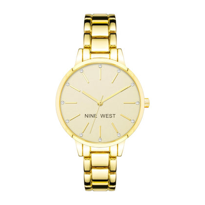 Nine West Reloj de pulsera con detalles de cristal para mujer, resistente al agua, diseño elegante, caja de 3.6 cm, banda de oro de 7 pulgadas.