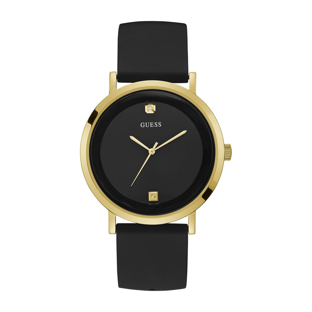 Reloj GUESS con esfera de diamante genuino, caja de acero inoxidable dorado y correa de silicona negra resistente