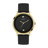 Reloj GUESS con esfera de diamante genuino, caja de acero inoxidable dorado y correa de silicona negra resistente