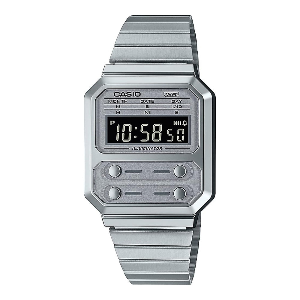 Reloj digital Casio A100WE-7B: Cronógrafo, alarma y retroiluminación en tono plateado vintage para hombre