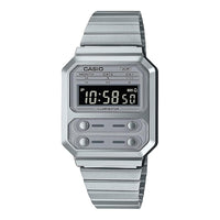 Reloj digital Casio A100WE-7B: Cronógrafo, alarma y retroiluminación en tono plateado vintage para hombre