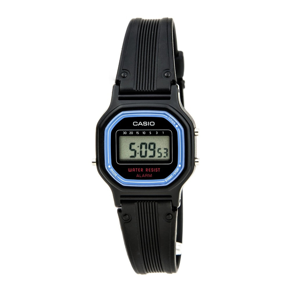 Reloj deportivo para mujer Casio LA11WB con funciones avanzadas de alarma y calendario, diseño azul con pantalla digital