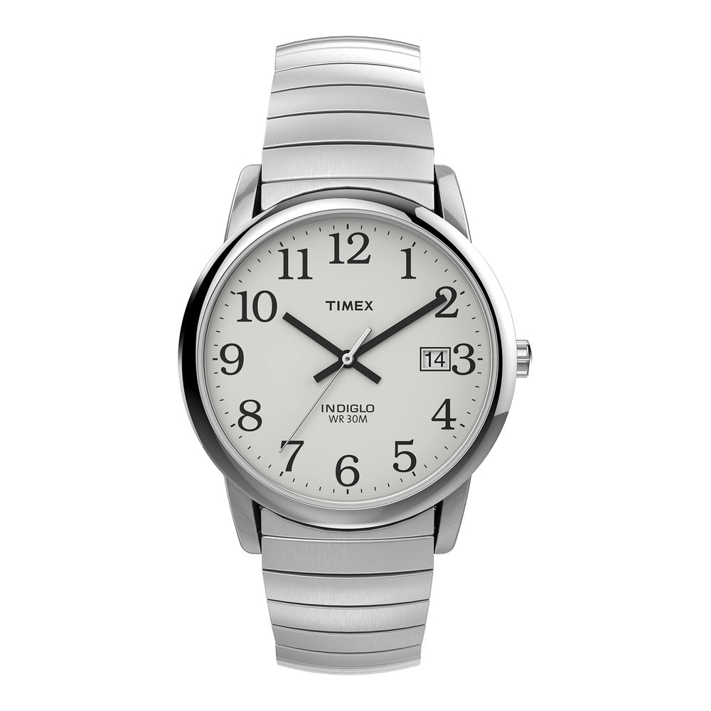 Timex Reloj Easy Reader para hombre con esfera blanca fácil de leer, banda de acero inoxidable y función de fecha