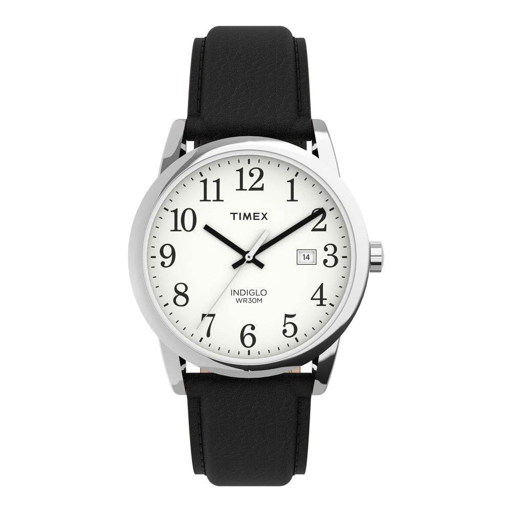 Timex Reloj Easy Reader para hombre en cuero negro, con fecha y luz Indiglo, resistente al agua, con movimiento de cuarzo