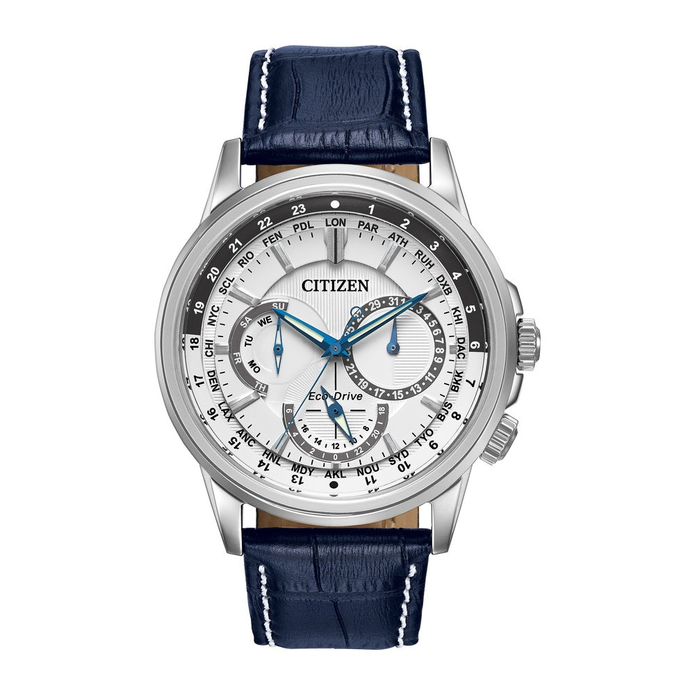 Reloj Citizen Eco-Drive para hombre con calendario, cronógrafo y manos luminosas, correa de cuero azul y esfera blanca