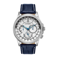 Reloj Citizen Eco-Drive para hombre con calendario, cronógrafo y manos luminosas, correa de cuero azul y esfera blanca