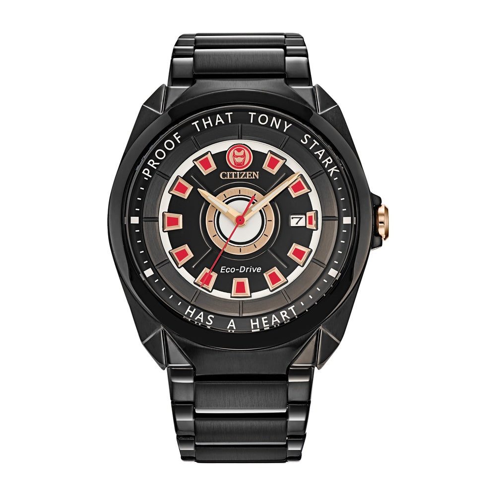 Citizen Eco-Drive Marvel Tony Stark I Love You - Reloj de acero inoxidable negro, con fecha de 3 manecillas, luminoso, parte trasera grabada