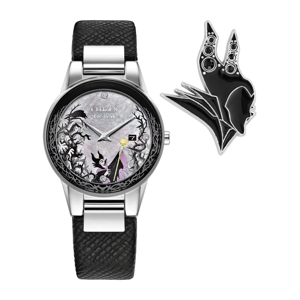 Citizen Eco Drive Maléfica Charm Box Set, Disney Villains, correa de cuero negro, Tono-plateado, Classic